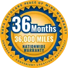 A circular badge stating 36 Months, 36,000 Miles Nationwide Warranty with text around the edge reading NAPA AutoCare Peace of Mind Warranty, Honored at Convenient Locations Nationally.