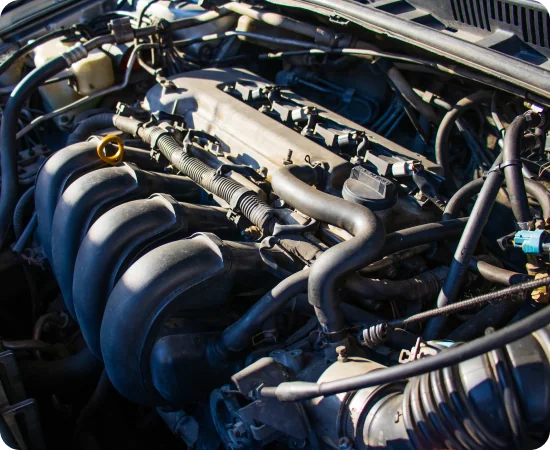 Close-up view of a car engine with visible components, hoses, and metal parts under the hood, lit by sunlight.