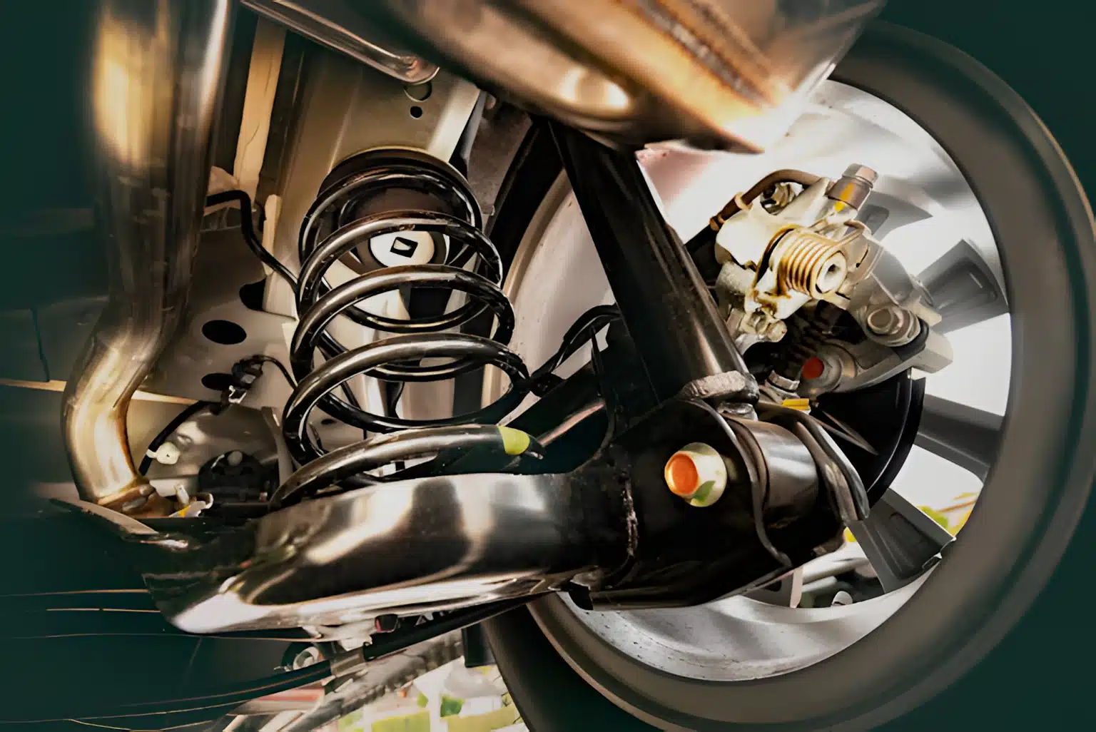 Close-up of a vehicle's rear suspension system showing a coil spring, shock absorber, control arm, and disc brake assembly with caliper and rotor.